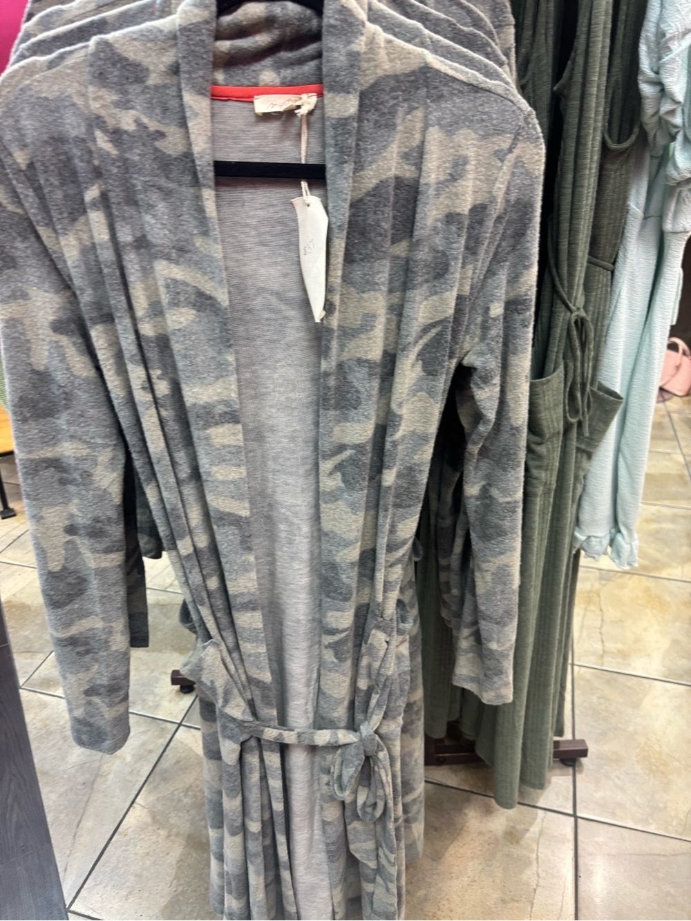 Mystree Gray Camo Open-Front Plush Cardigan